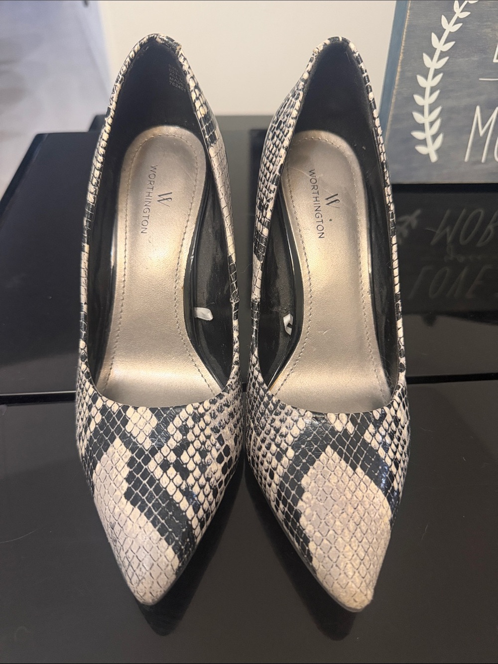 Worthington Snake-Print Pointed Toe Heels in Black and Cream